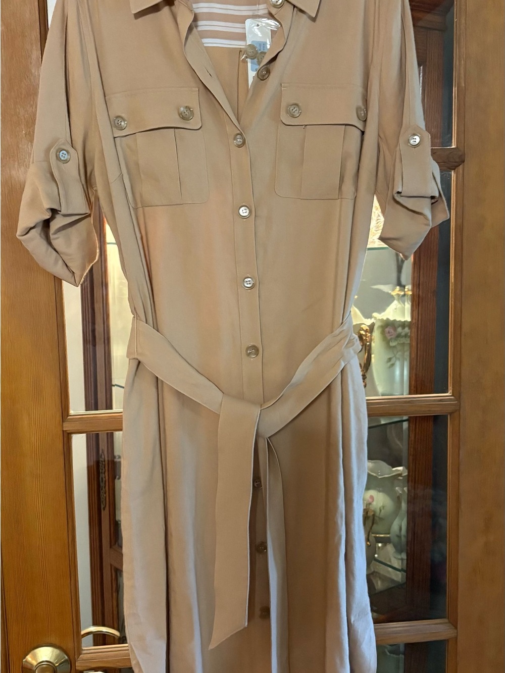 NWT Soft Surroundings tan khaki button up shirt dress short sleeve -large (14-16